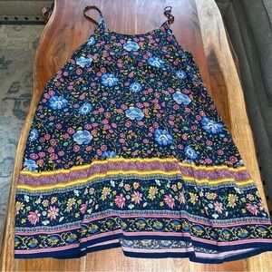 Boho Floral Woman’s Spaghetti Strap Large MIDI Sun Dress - Blue and Yellow